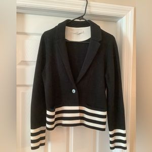 LOFT Sweater Jacket, Black with cream stripes around bottom & cuffs; Size L